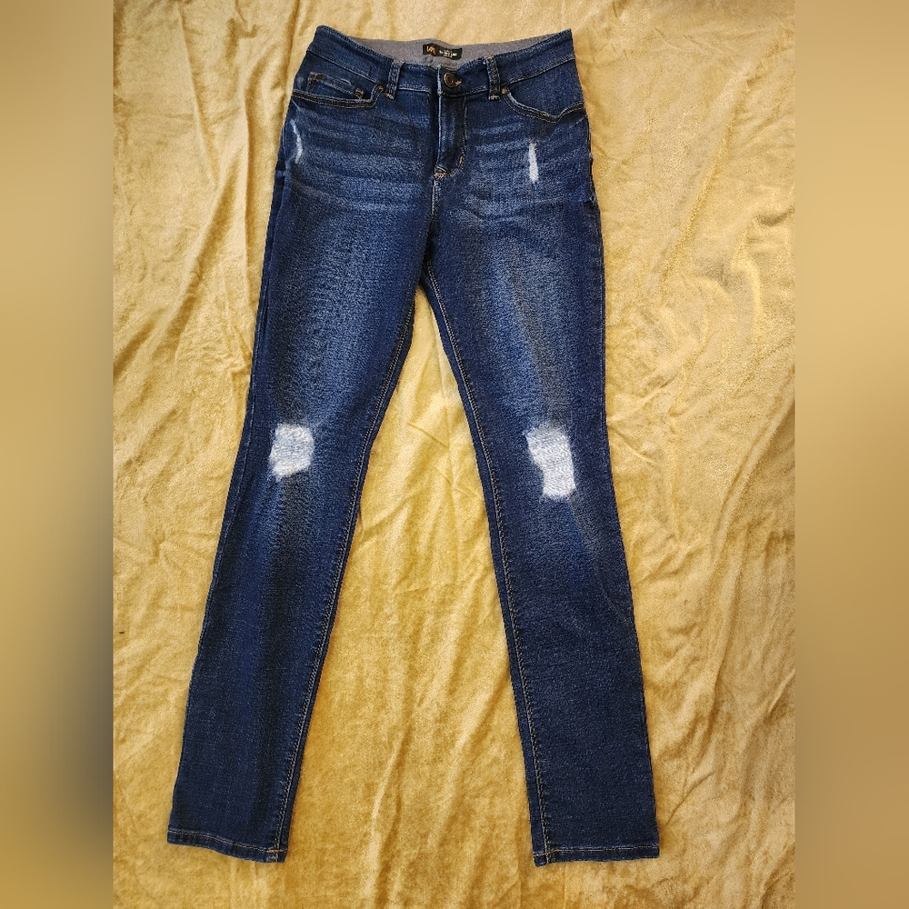 Lee Women's Dark Blue Distressed Skinny Jeans Comfort Waist Band Size 6 Long